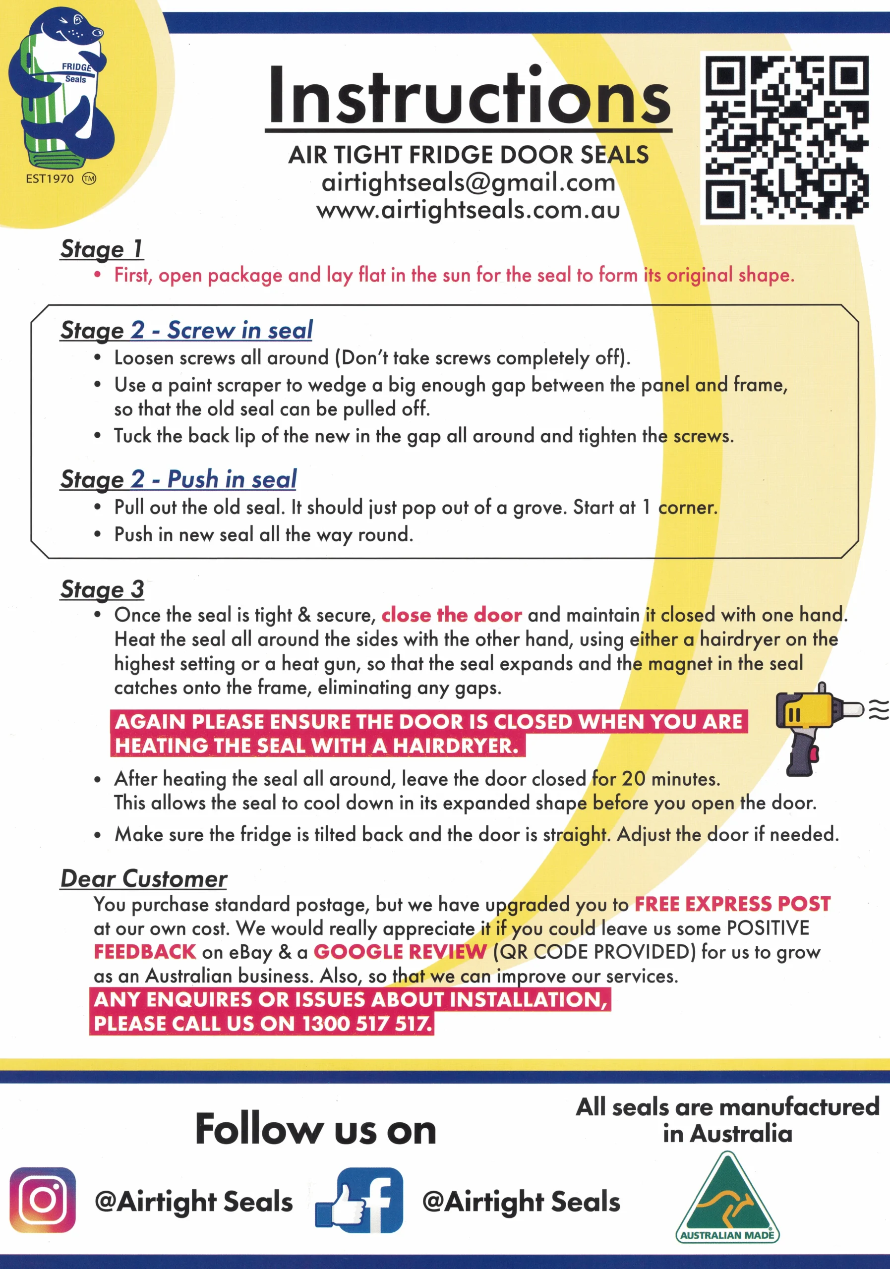 instructions replacement fridge door seal Australia