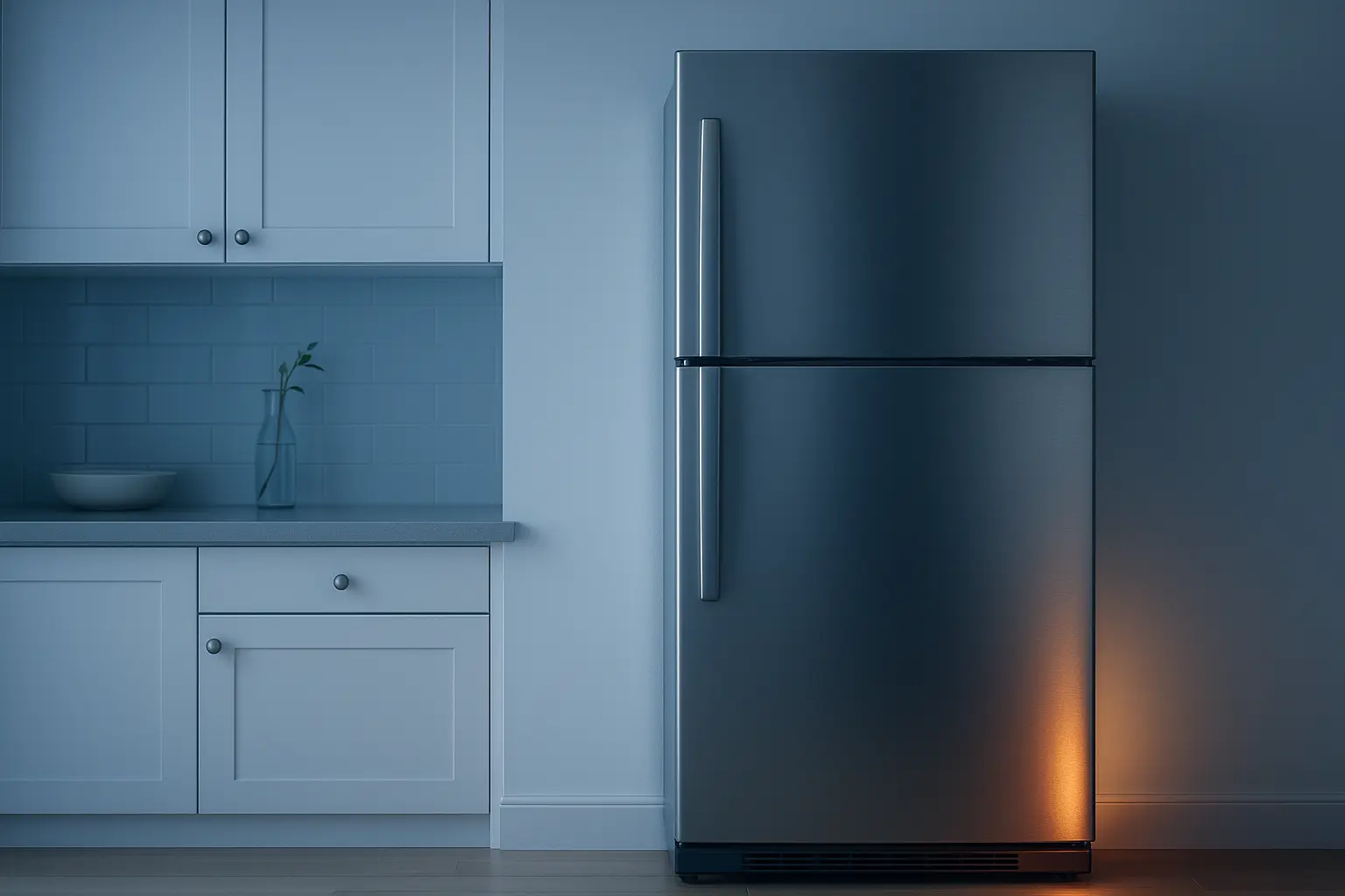 Stainless steel fridge in a modern Australian kitchen with warm compressor glow, illustrating a fridge running constantly.