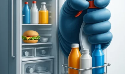 Illustration of a refrigerator being cleaned, with a large gloved hand holding a spray bottle among various food and beverage containers.